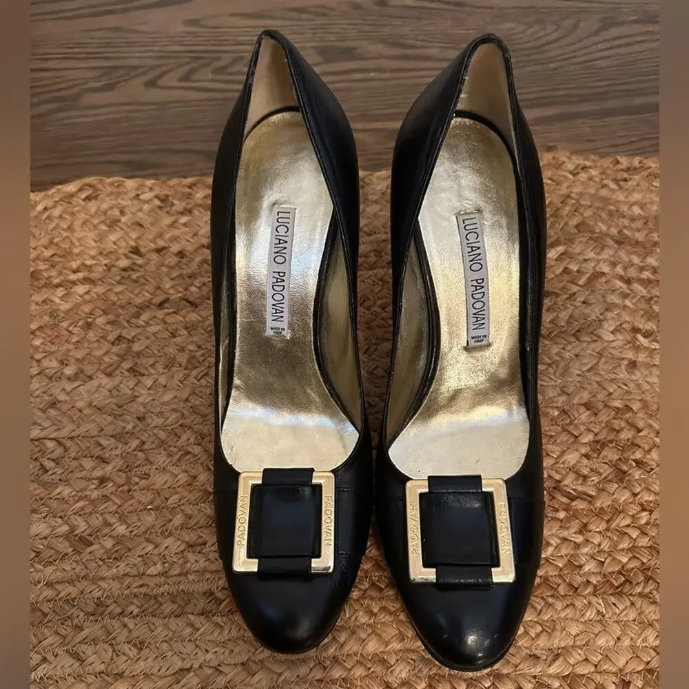 Luciano Padovan Black Leather Buckle Pumps Made in Italy Size 8- 8.5 (38 1/2)